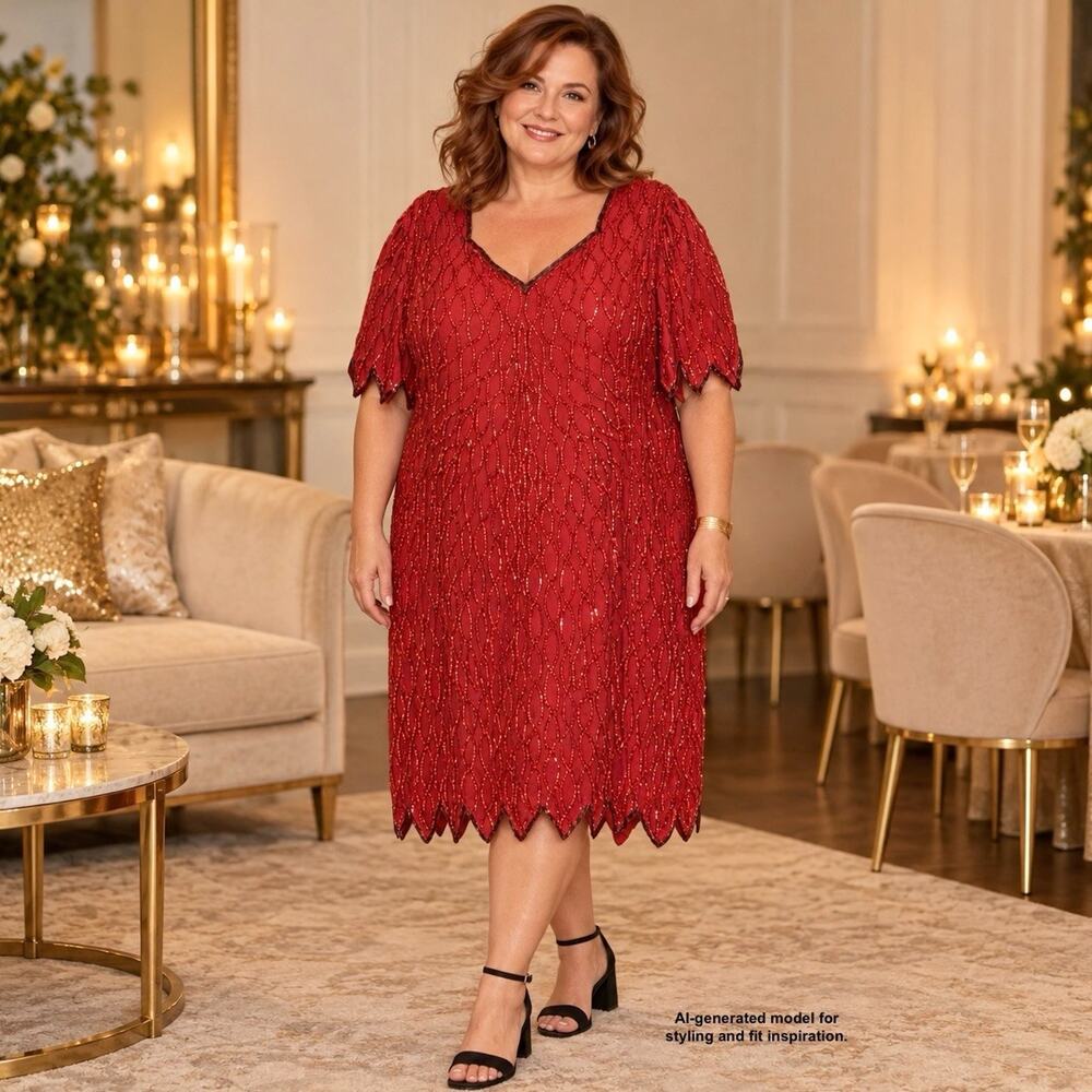Laurence Kazar Vintage Silk Sequin Dress Red Scalloped Midi Holiday Plus Size 3X